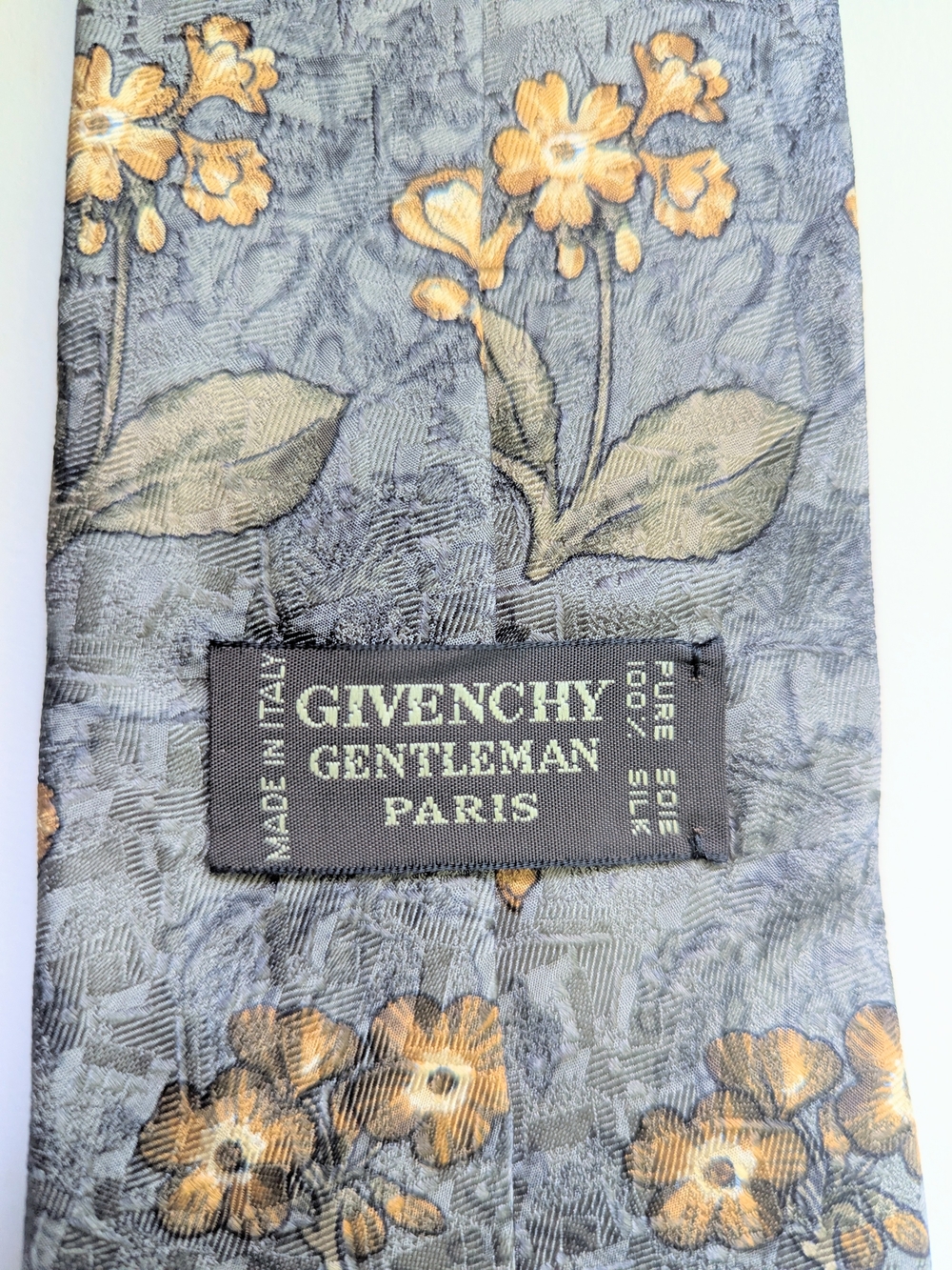 Givenchy 100% Pure Silk Gray Tie with Gold and Blue Floral Motif